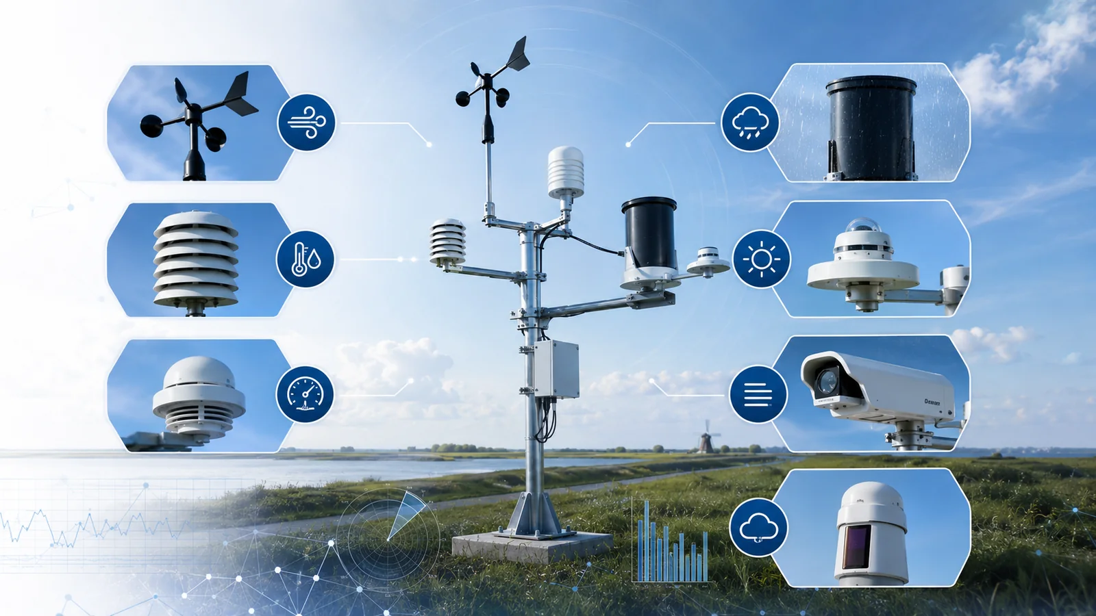 Professioneel weerstation met visualisatie van verschillende sensoren